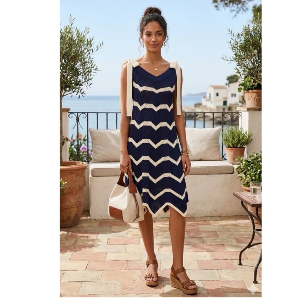 La DoubleJ Chevron Knitted Cotton dress Navy Blue White XS Coastal chic Luxury